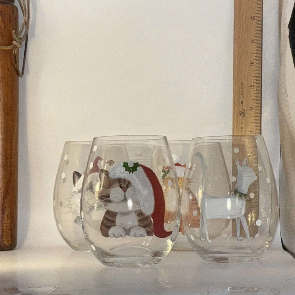 Pier 1 Stemless Wine Glasses Set of 4 Clear Decorated Christmas Cat 19 Oz. NIB